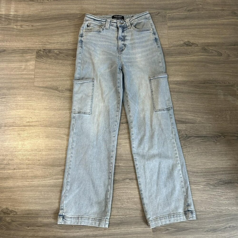 Judy Blue Jeans Womens 7/28 Brenda Blue Light Wash Wide Leg Cargo Denim JB88924